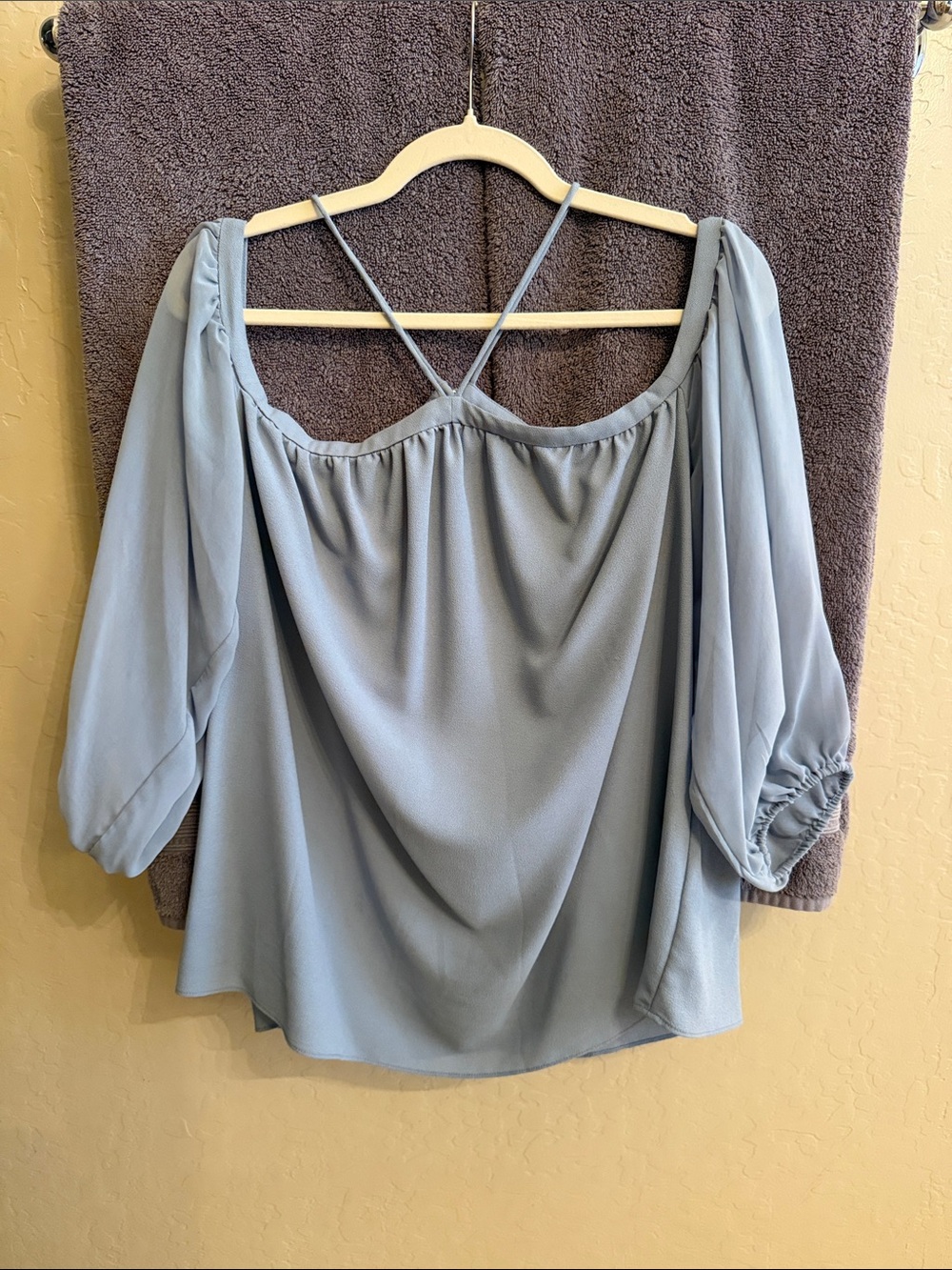 1. State Light Blue Off-Shoulder Blouse with Crisscross Straps